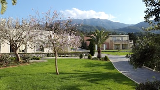 A scenic landscape featuring well-maintained gardens with green lawns and various trees, including palm and flowering trees. In the background, there are buildings with a mixture of modern and traditional architectural elements, set against a backdrop of mountains under a clear blue sky.