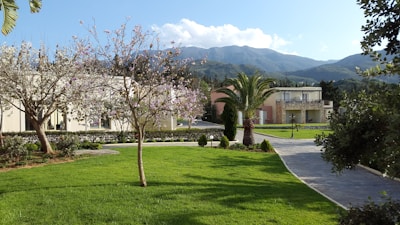 A scenic landscape featuring well-maintained gardens with green lawns and various trees, including palm and flowering trees. In the background, there are buildings with a mixture of modern and traditional architectural elements, set against a backdrop of mountains under a clear blue sky.