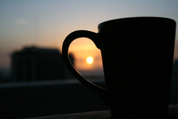 Close-up of a white mug featuring a witty African saying, set against a warm sunset gradient.