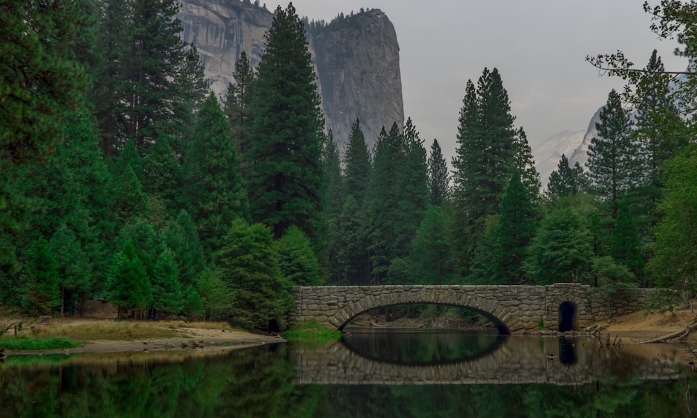 Réflexion d’un pont en béton sur une rivière avec vue sur la montagne