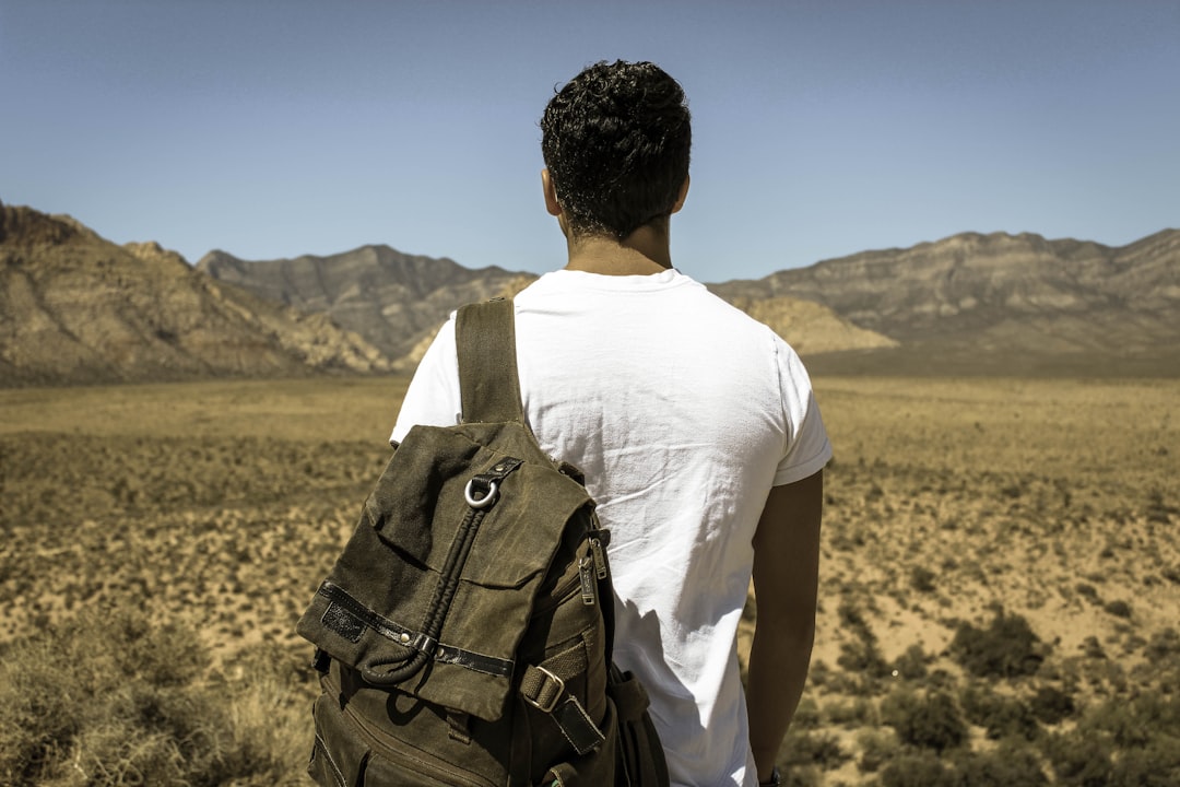 man standing in front dried grass field near gray mountains under gray sky, Exploring the canyon