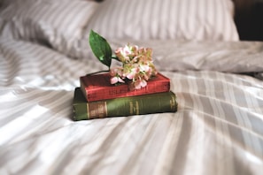 Two hardcover books, one green and one red, are stacked on a striped bedspread with a small bouquet of pink flowers placed on top.
