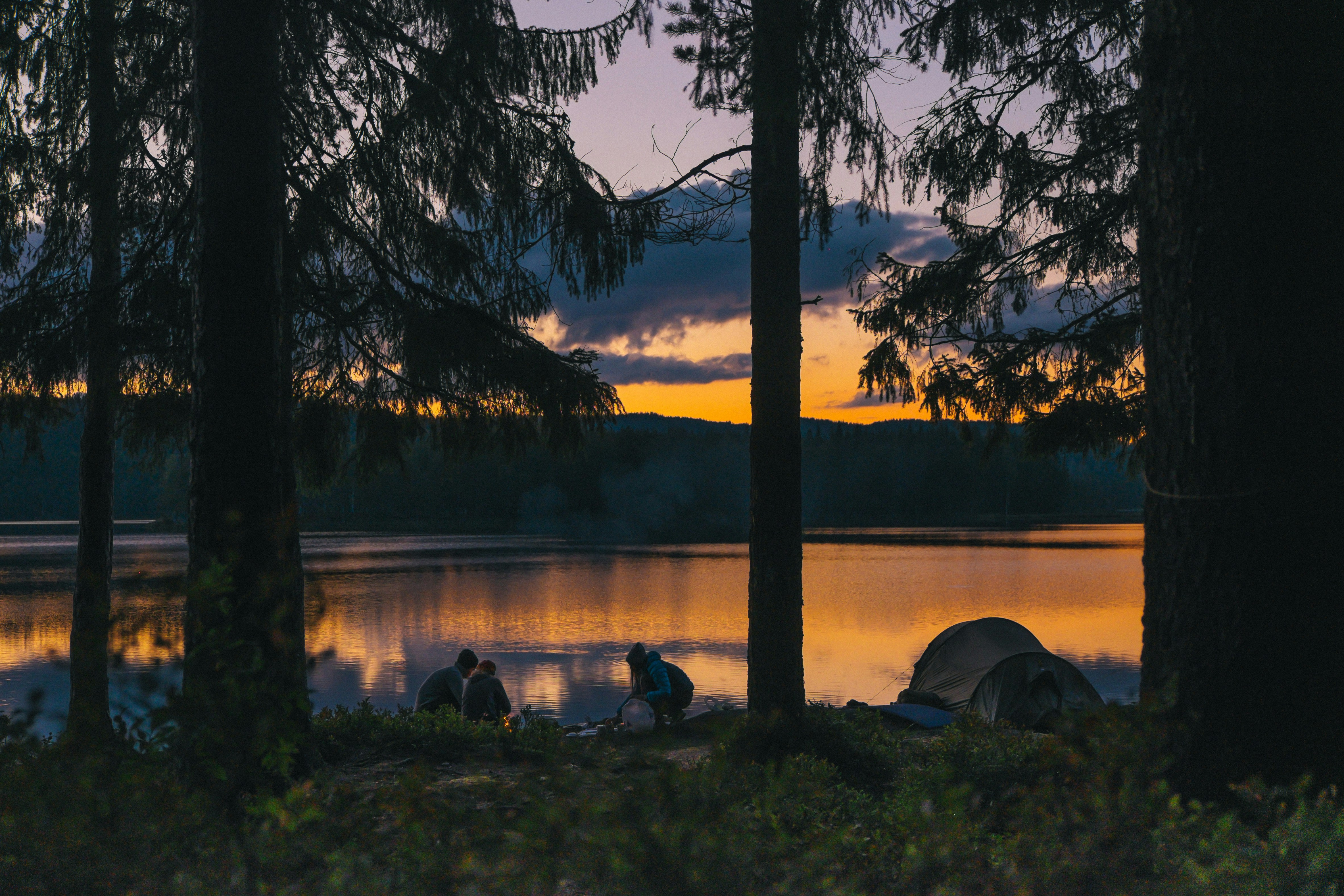 people beside body of water at golden hour