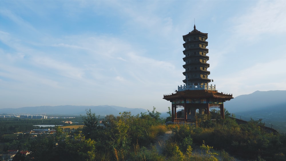 昼間の山の近くの茶色の寺院