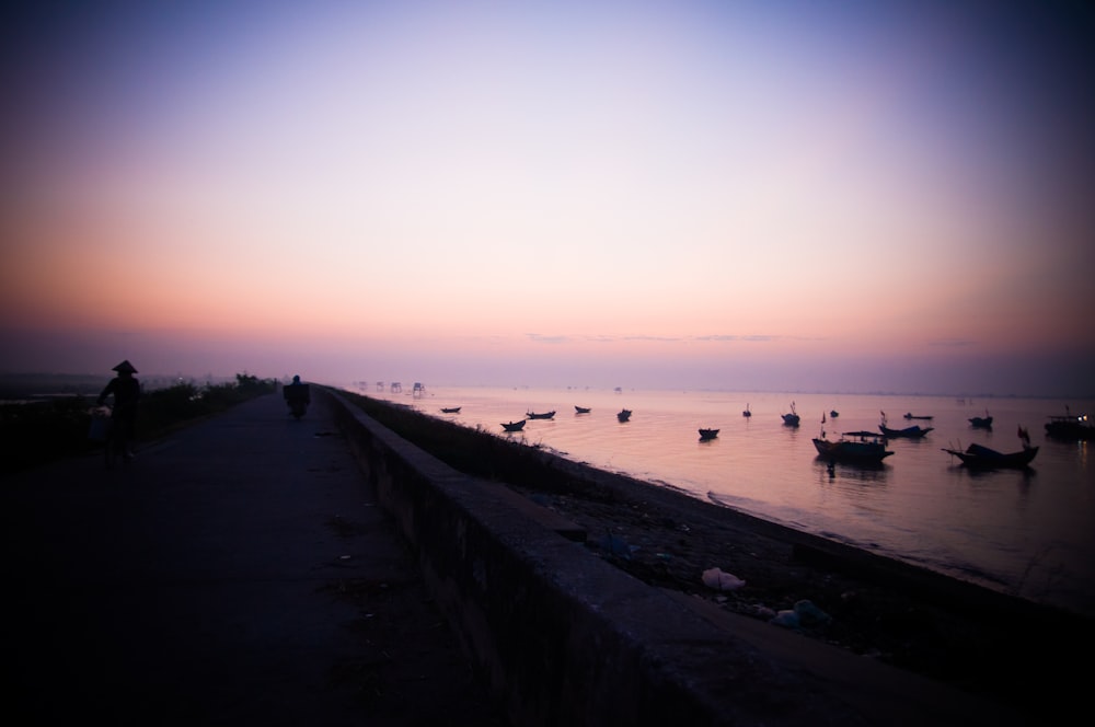 silhouette of boats on shore