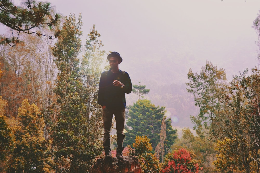 man standing on rock surrounded by trees