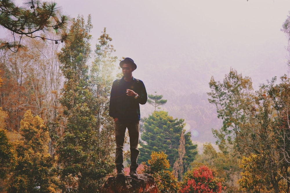 Mann steht auf Felsen, umgeben von Bäumen