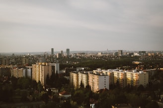 A panoramic view of a city skyline with various residential buildings.