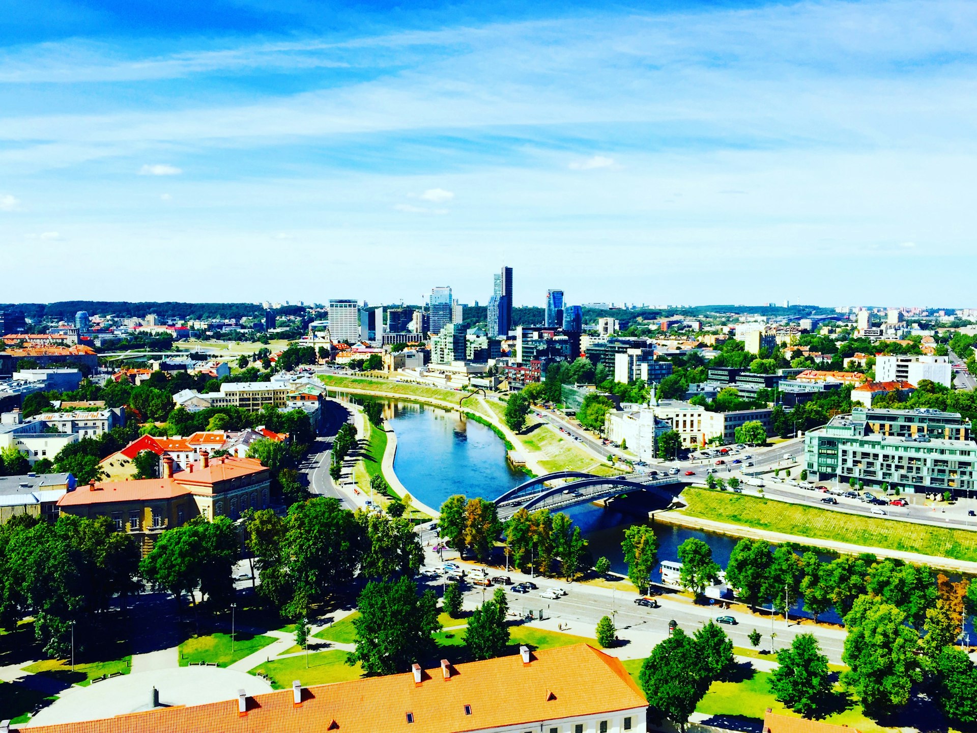 Panoramic aerial view of Vilnius buildings and the river during the day