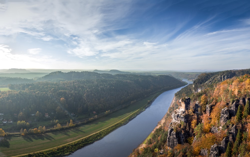 aerial photography of body of water between two mountains