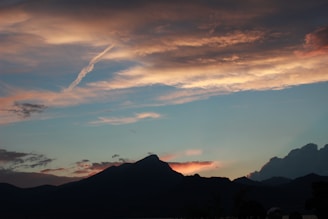 A serene landscape featuring mountains and a tranquil sky at sunset.