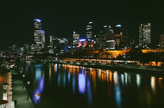 cityscape near canal with outdoor lamps under night sky