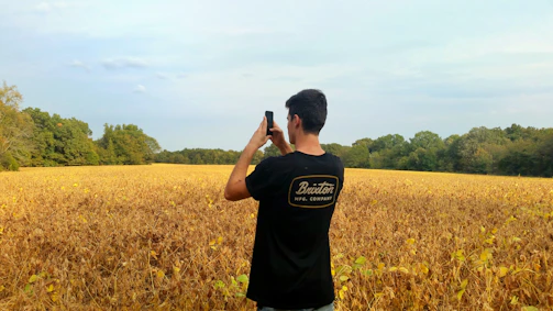 A farmer checking crop data on a smartphone with a backdrop of lemon yellow and violet fields.