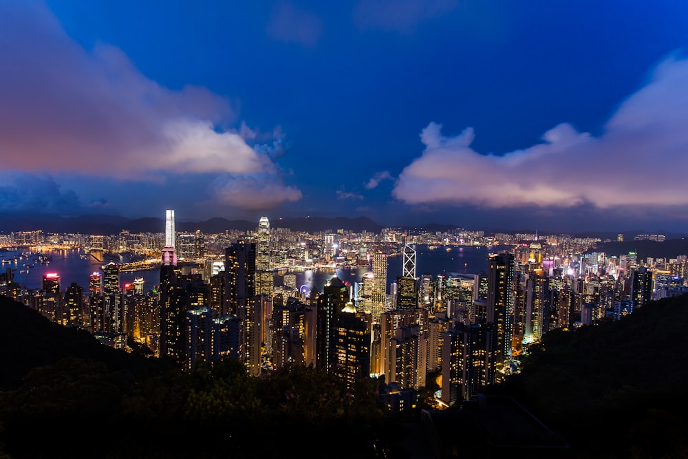 aerial photo of a lighted city