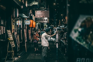 people on street between stores