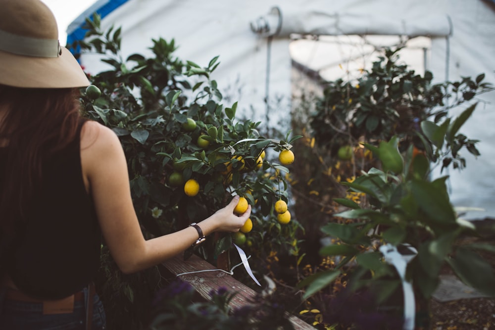 Mulher no topo preto segurando a fruta amarela