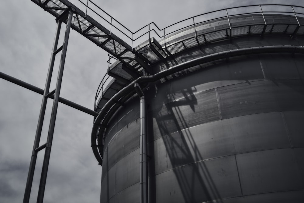 Black and white shot of industrial metal steel tower in Budějovický Budvar, národní podnik