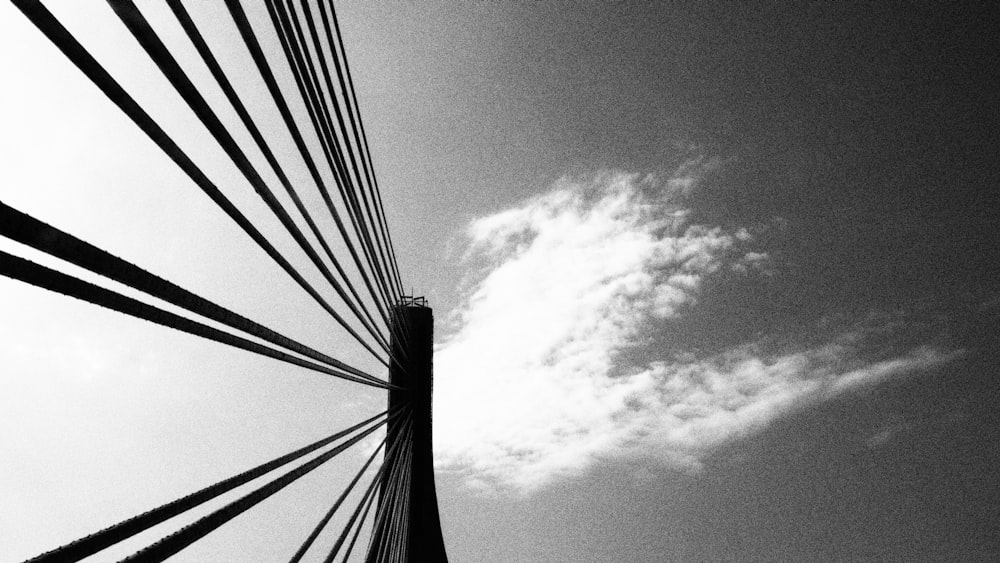 fotografia de baixo ângulo do fio da ponte sob nuvens