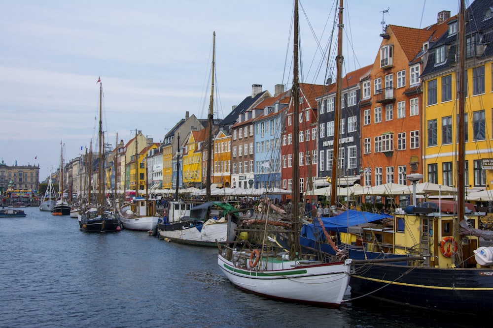 Barcos de colores variados junto a edificios de colores variados durante el día