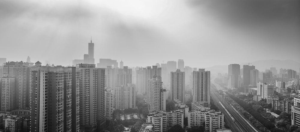 scale grey photography of buildings