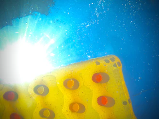 A sunny backyard scene featuring a family enjoying a puff pool party with inflatable pools and bright decorations.