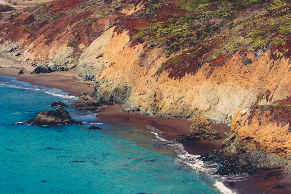 birds eye view of shore and mountain