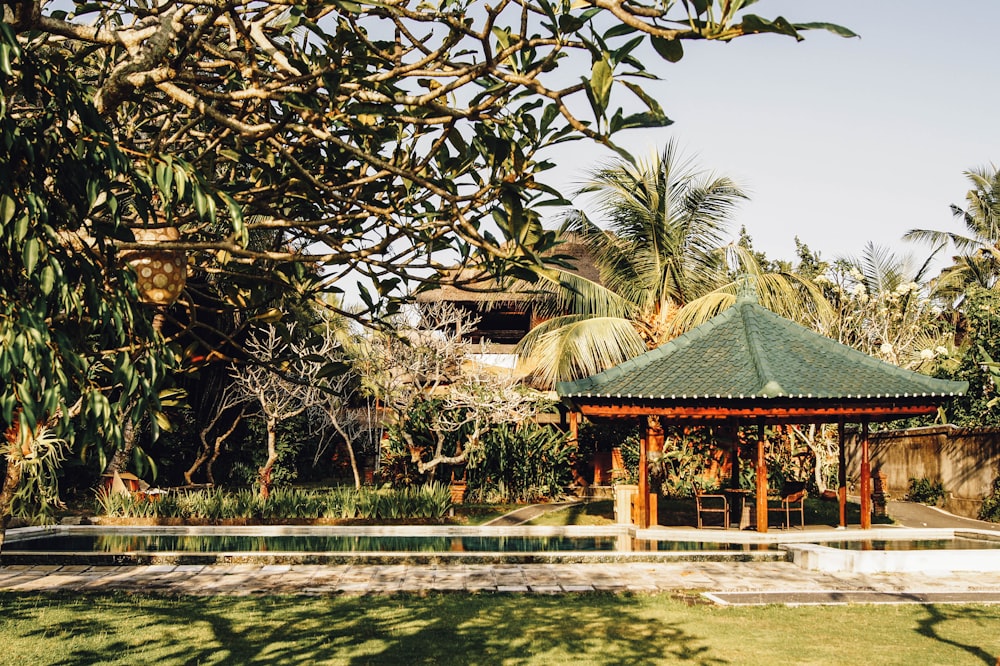 gazebo marrone accanto alla piscina circondato da alberi durante il giorno