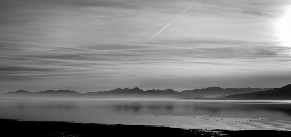 grayscale photography of ocean and island