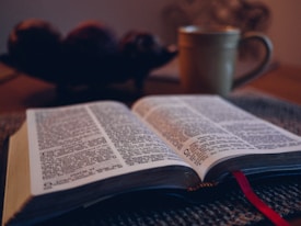 An open book with visible text rests on a woven surface. A red bookmark lies across the pages. In the background, there is a blurred cup, suggesting a cozy setting for reading.