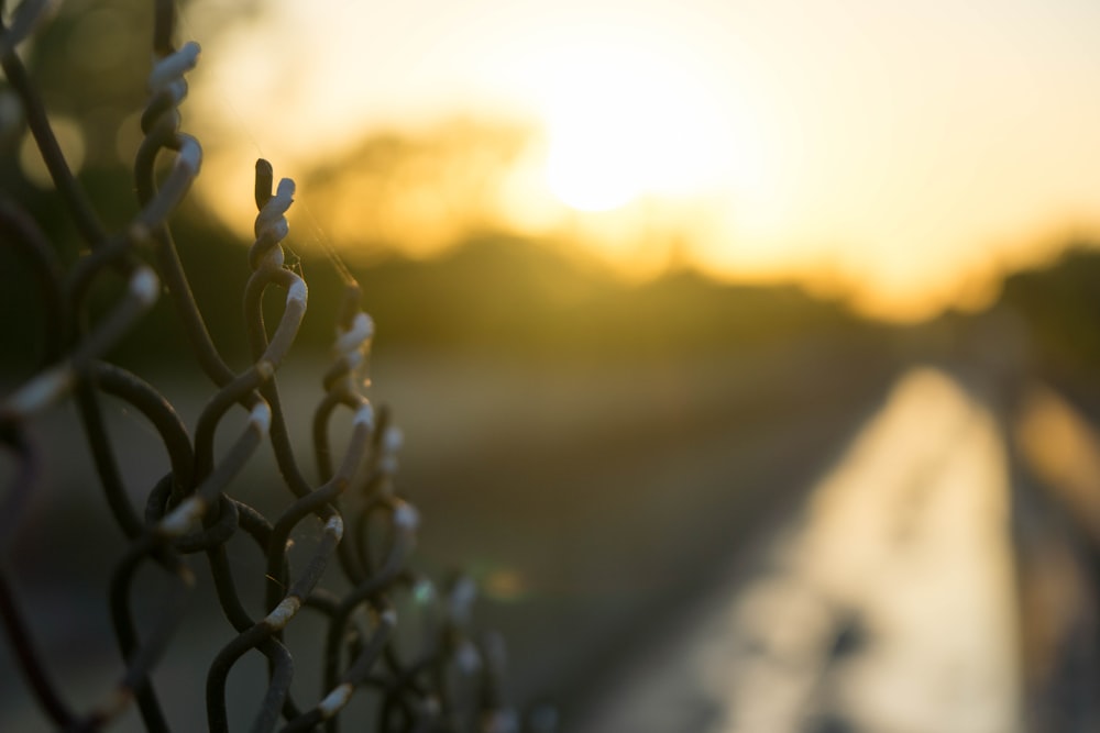 the sun is setting behind a chain link fence