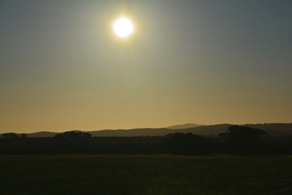 The image depicts a serene landscape with the sun setting or rising above a distant horizon, casting a gentle golden glow across the scene. Silhouettes of trees and hills create a peaceful and calm atmosphere, with a clear sky dominating the upper portion of the image.