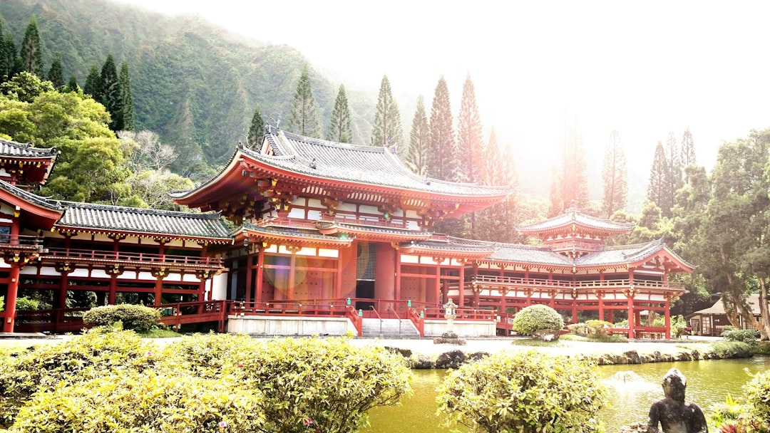temple in front of body of water,