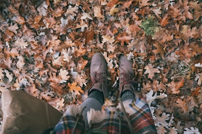 A pair of cozy boots nestled in autumn leaves.