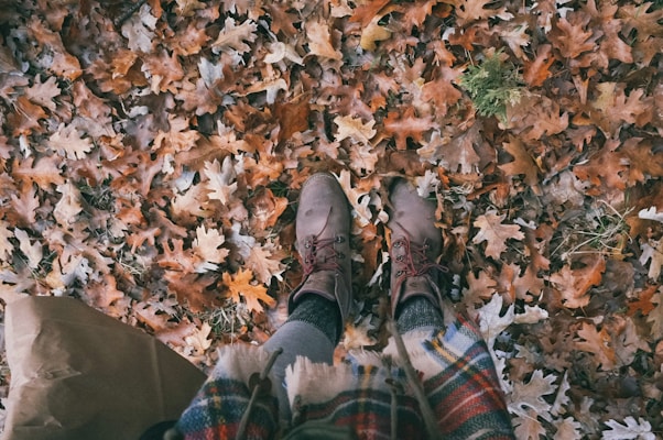 A pair of stylish ankle boots resting on a textured rug, surrounded by autumn leaves in gentle sunlight.