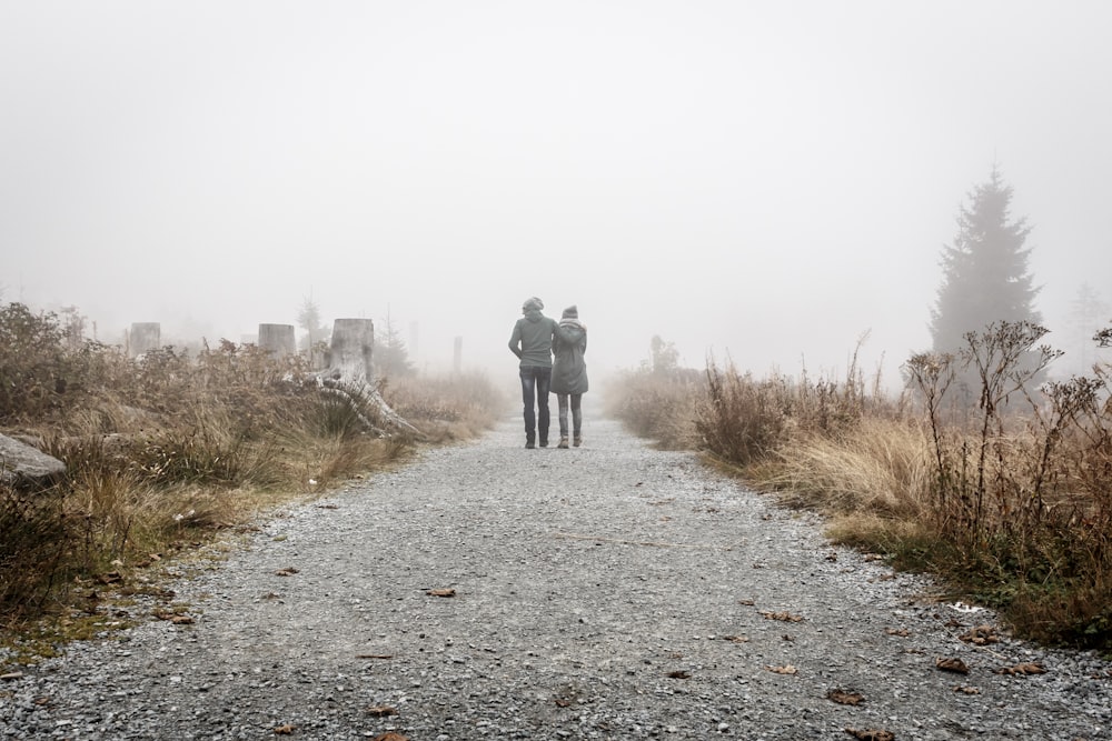 two person walking on gray road