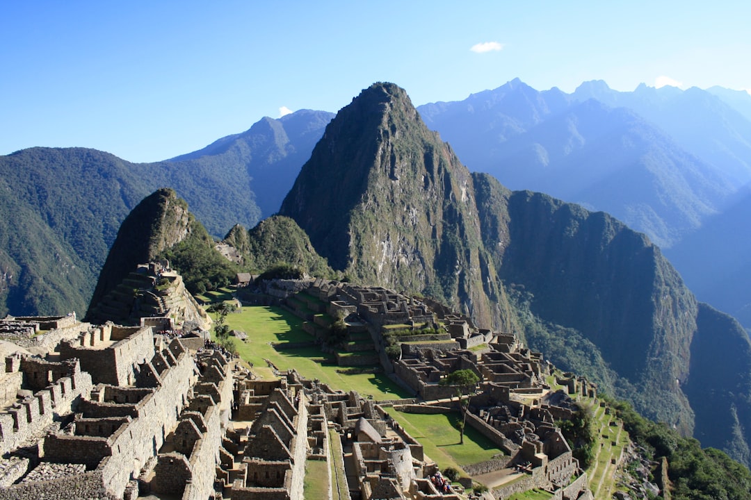 aerial view of black rocky mountain, Blue sky over Machu Picchu