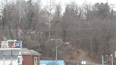 A landscape featuring a winding road flanked by leafless trees. In the foreground, there's a small building with a sign reading 'U-Go Auto Sales CARS.' The background consists of densely packed trees on a hillside with a few houses visible.