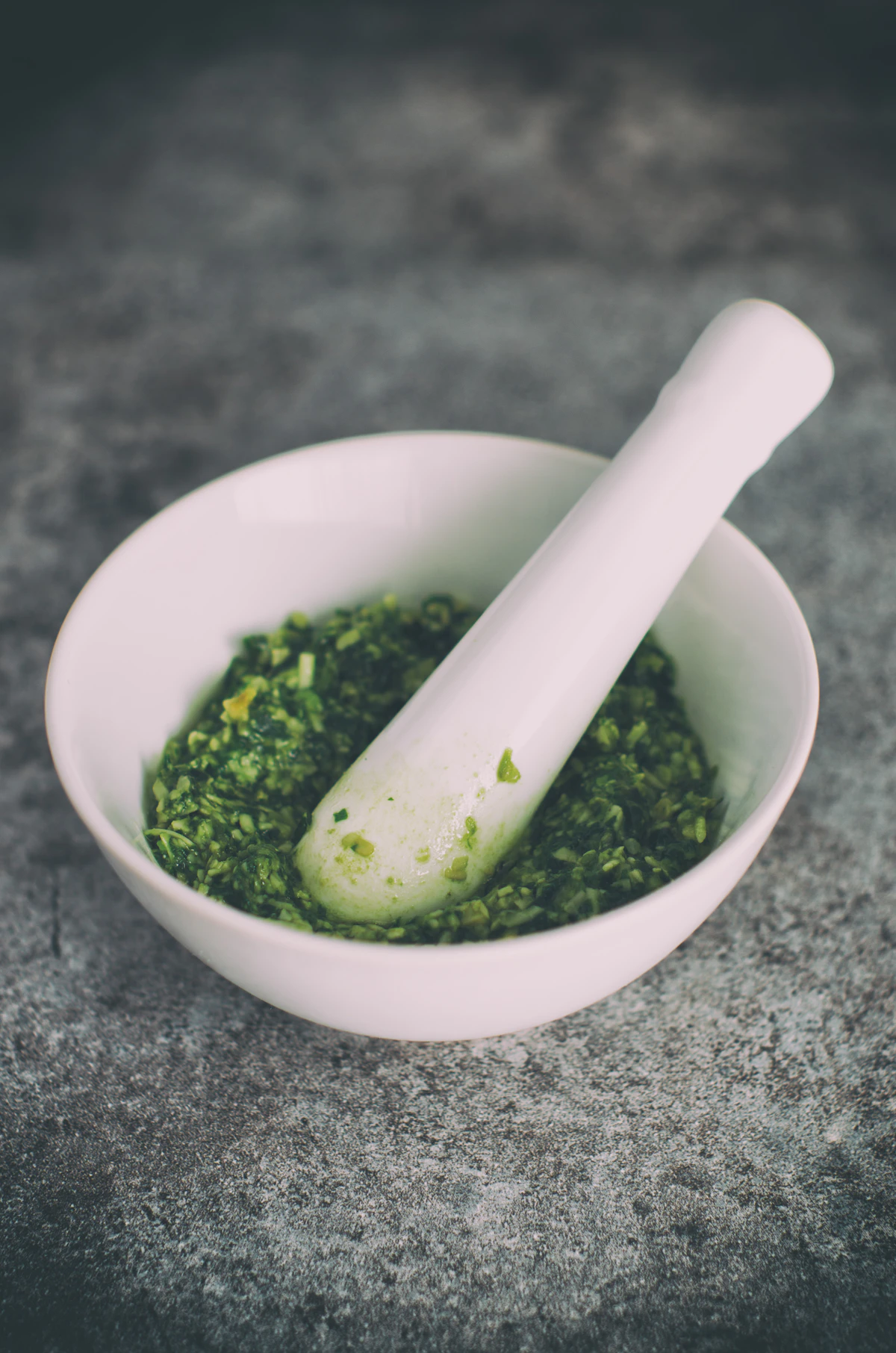 Vegetable grind in mortar and pestle