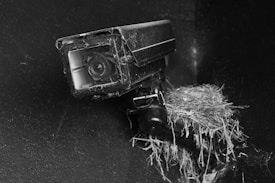 A worn-out surveillance camera is mounted on a dark wall, partially surrounded by a nest made of twigs and debris. The setup creates an unexpected juxtaposition of technology and nature.