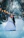 A couple dressed in formal wedding attire shares a kiss in a snow-covered park. The scene is framed by tall trees with bare branches, and a row of glowing streetlamps lines the path. Snow gently falls around them, adding a magical touch to the scene.