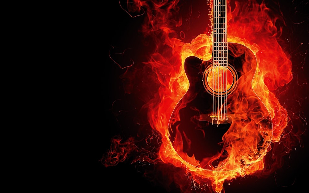 Fondo de pantalla digital de guitarra en llamas