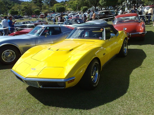 A vibrant photo of a classic car gleaming under the sun at a bustling car show.