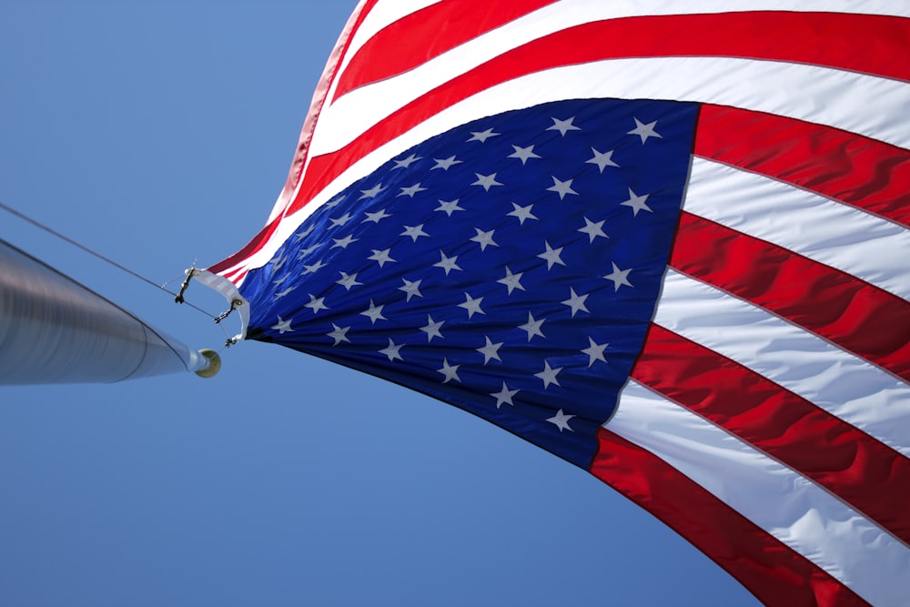 USA flag waving under blue sky