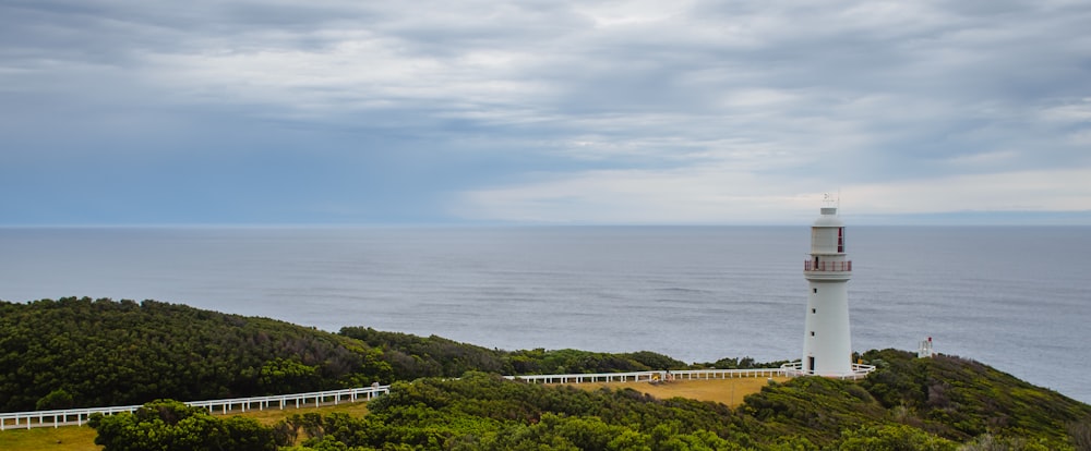 white lighthouse on the edge of cliff