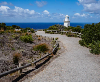 A serene coastal landscape with a winding path leading to a distant lighthouse under a soft golden sky.