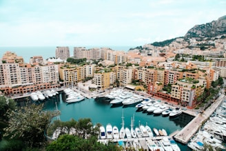 A coastal cityscape featuring numerous modern buildings along the waterfront. Luxurious yachts are lined up in a marina, with a backdrop of hills and the ocean. The architecture displays varied colors and styles, reflecting a vibrant, upscale area.
