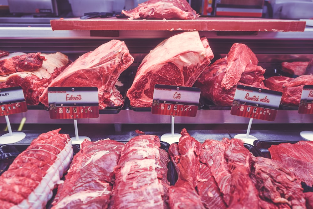 Raw beef and meat for sale at a butcher's shop
