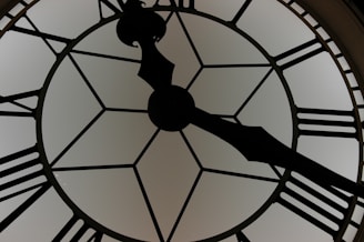 close-up photography of white and black clock