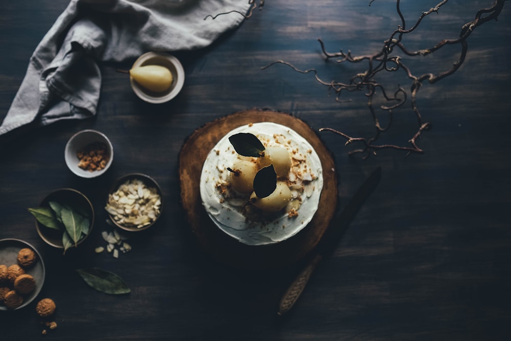 white and brown dish on brown plate