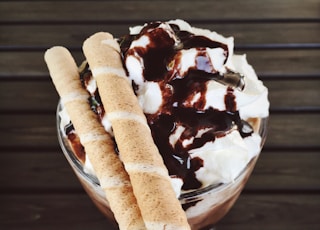 frappe with chocolate crunch sticks on footed glass